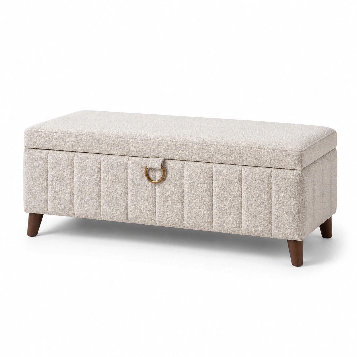 Banc de rangement rectangulaire en bois et tissu bouclé beige