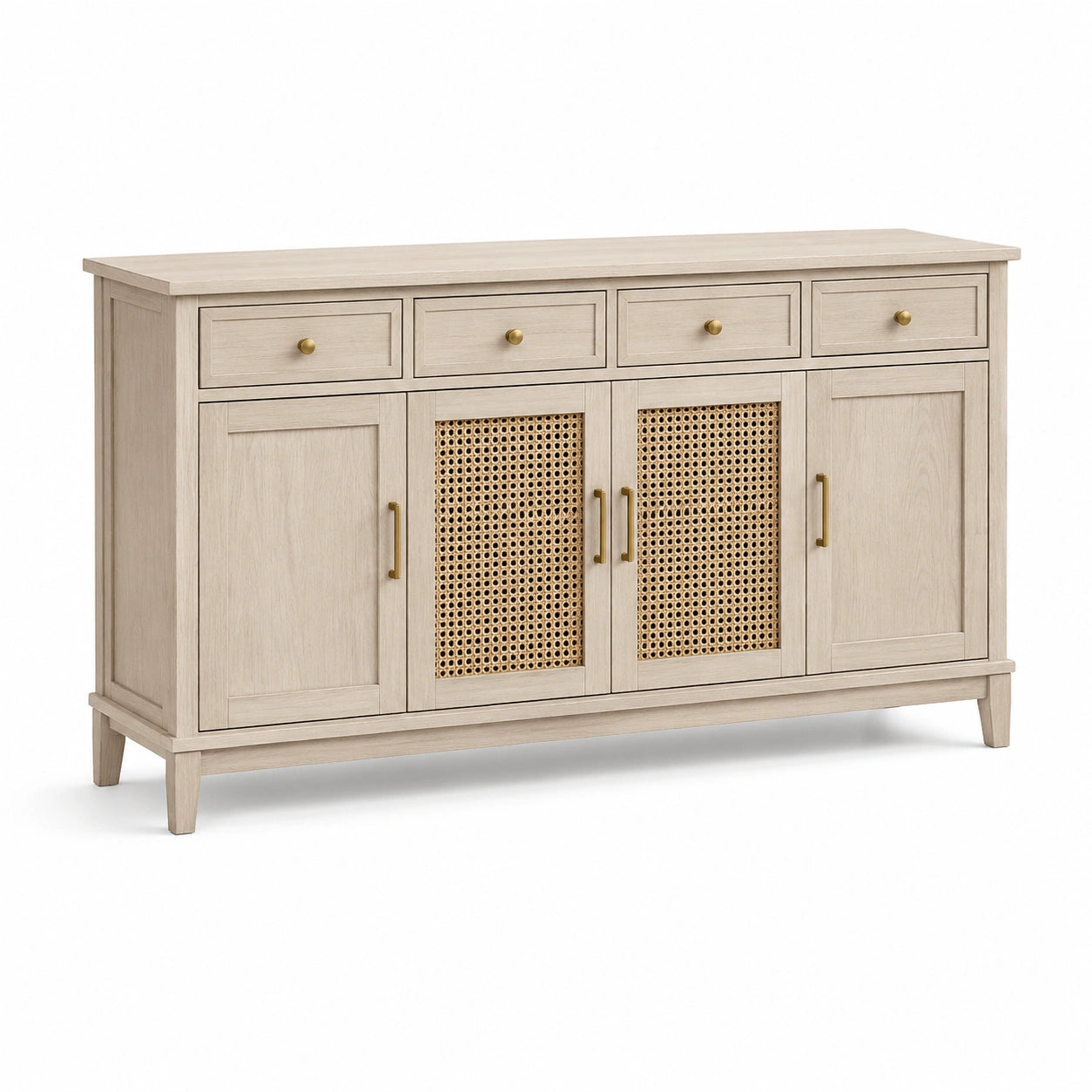 Buffet en bois de chêne clair et rotin avec 4 tiroirs et 4 portes