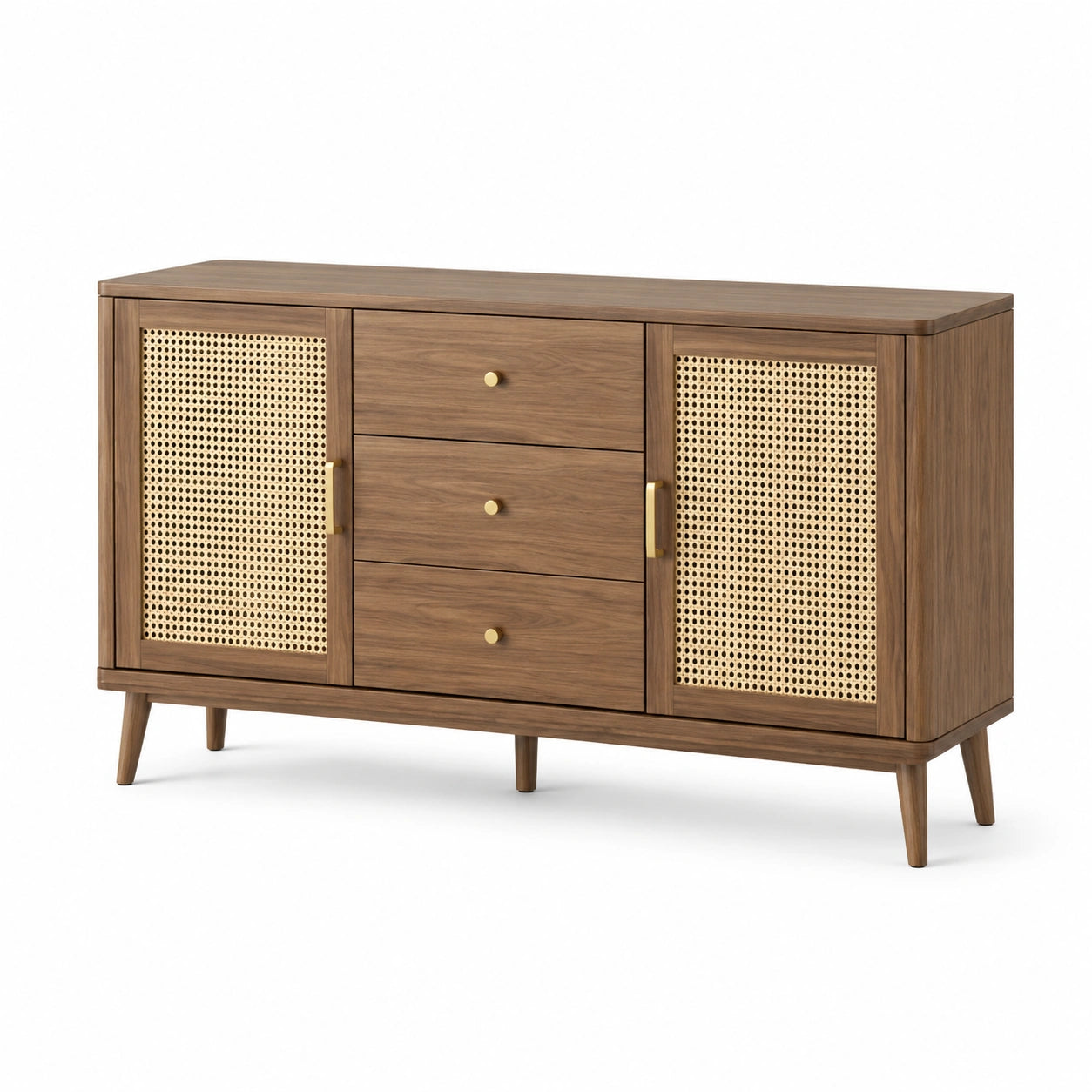 Buffet en bois avec portes en canne tressée et tiroirs 150x40x80 cm