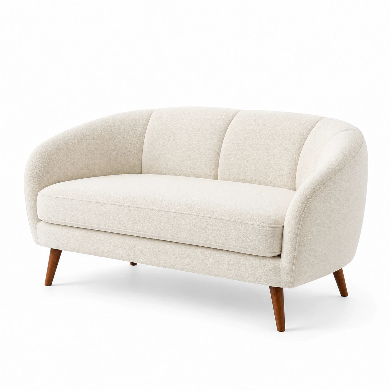 Canapé 2 Places Arrondi Beige en Tissu Bouclé et Bois de Hêtre