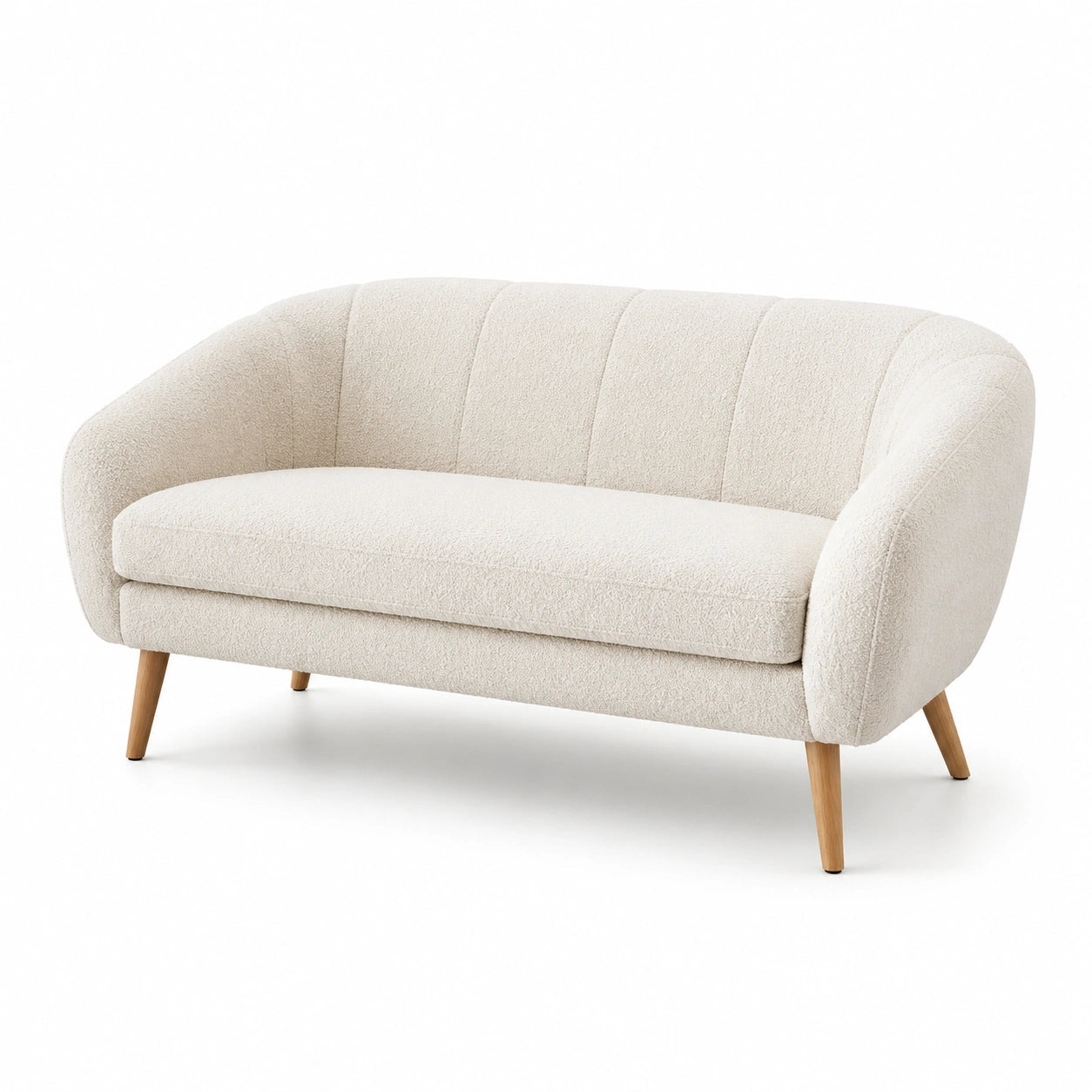 Canapé 2 places tissu bouclé beige pieds en bois