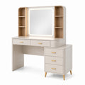 Coiffeuse crème en MDF avec miroir LED et métal doré 120x45x140 cm