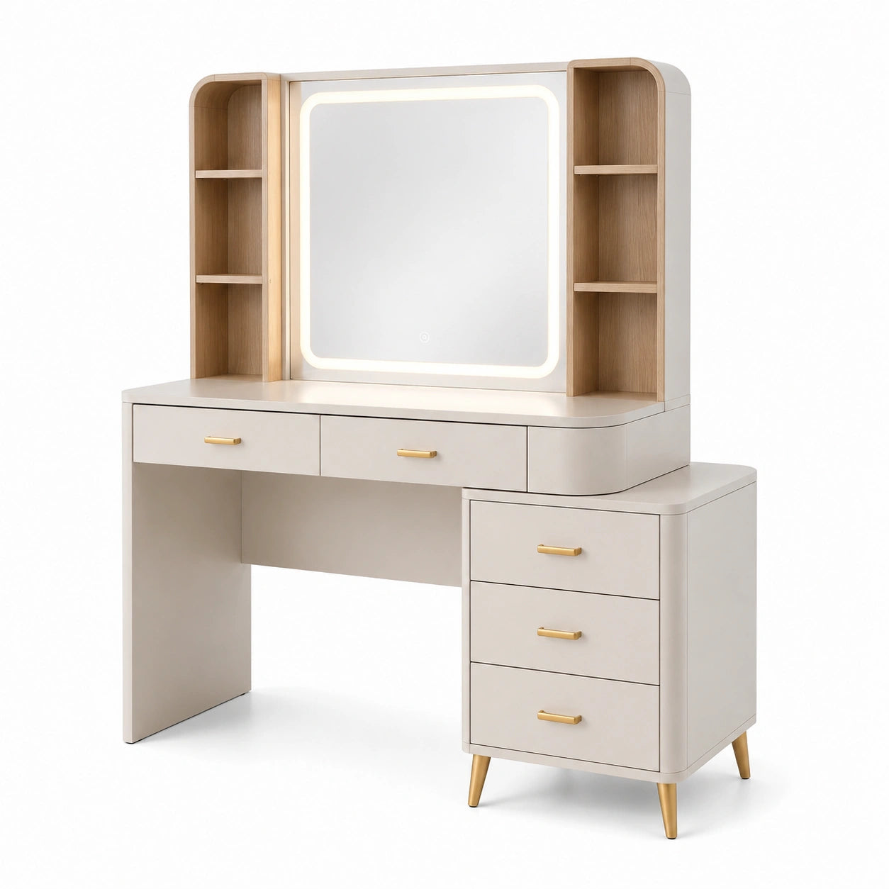 Coiffeuse crème en MDF avec miroir LED et métal doré 120x45x140 cm