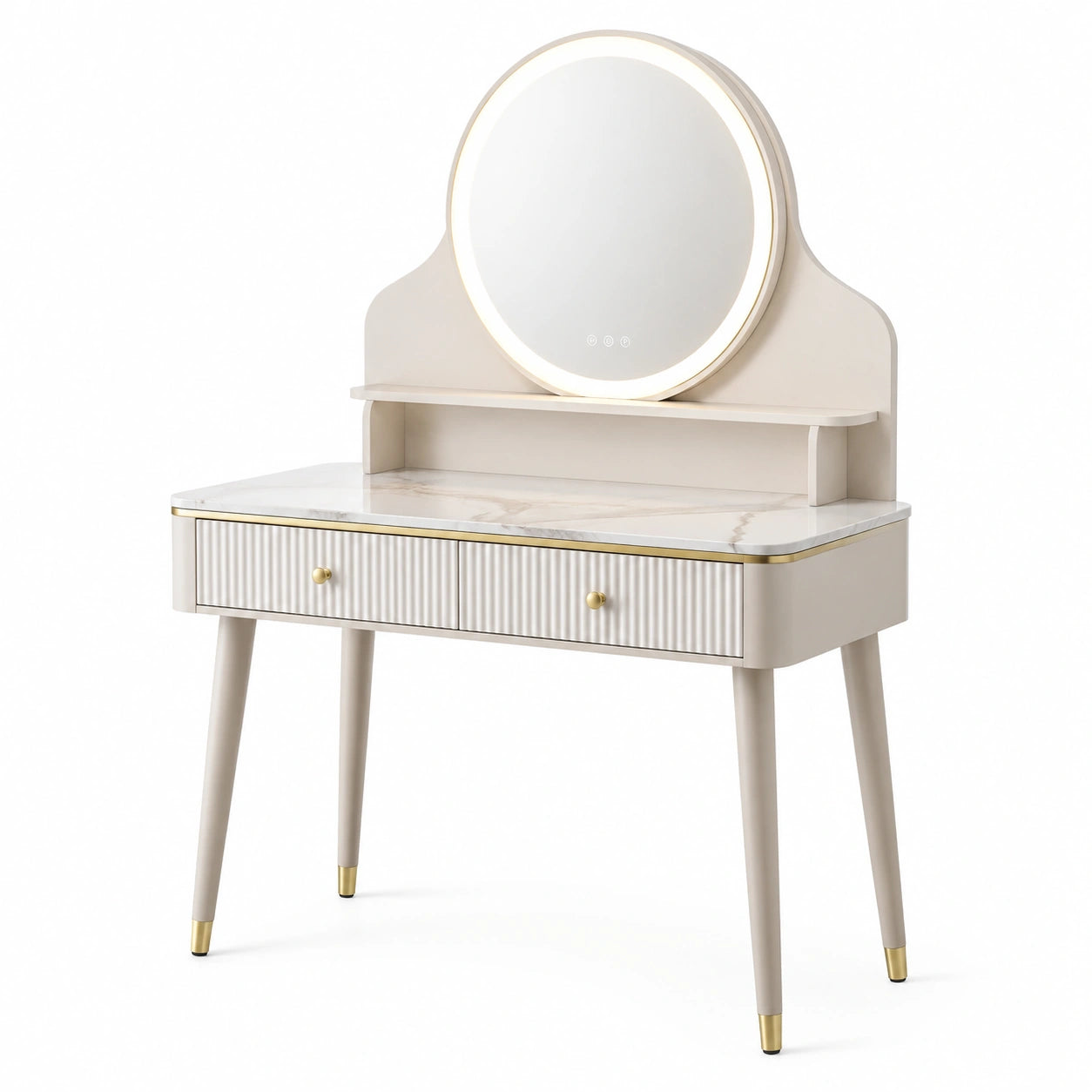 Coiffeuse en bois et marbre avec miroir LED beige