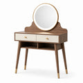 Coiffeuse en bois de noyer avec miroir rond et détails dorés