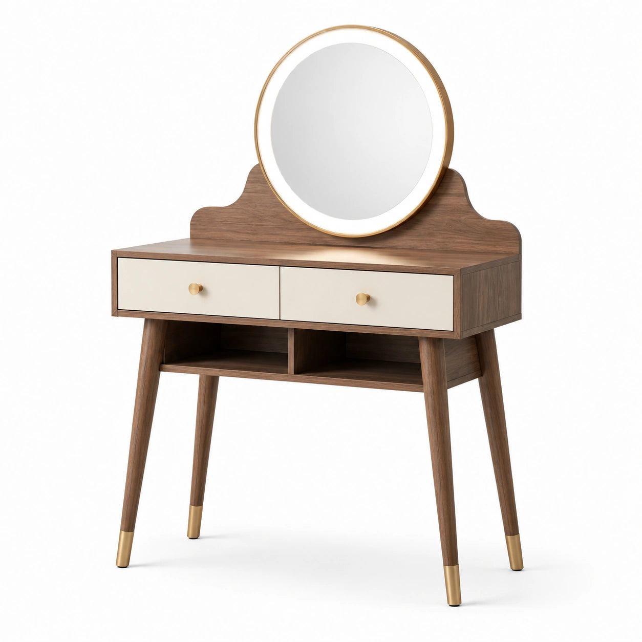 Coiffeuse en bois de noyer avec miroir rond et détails dorés