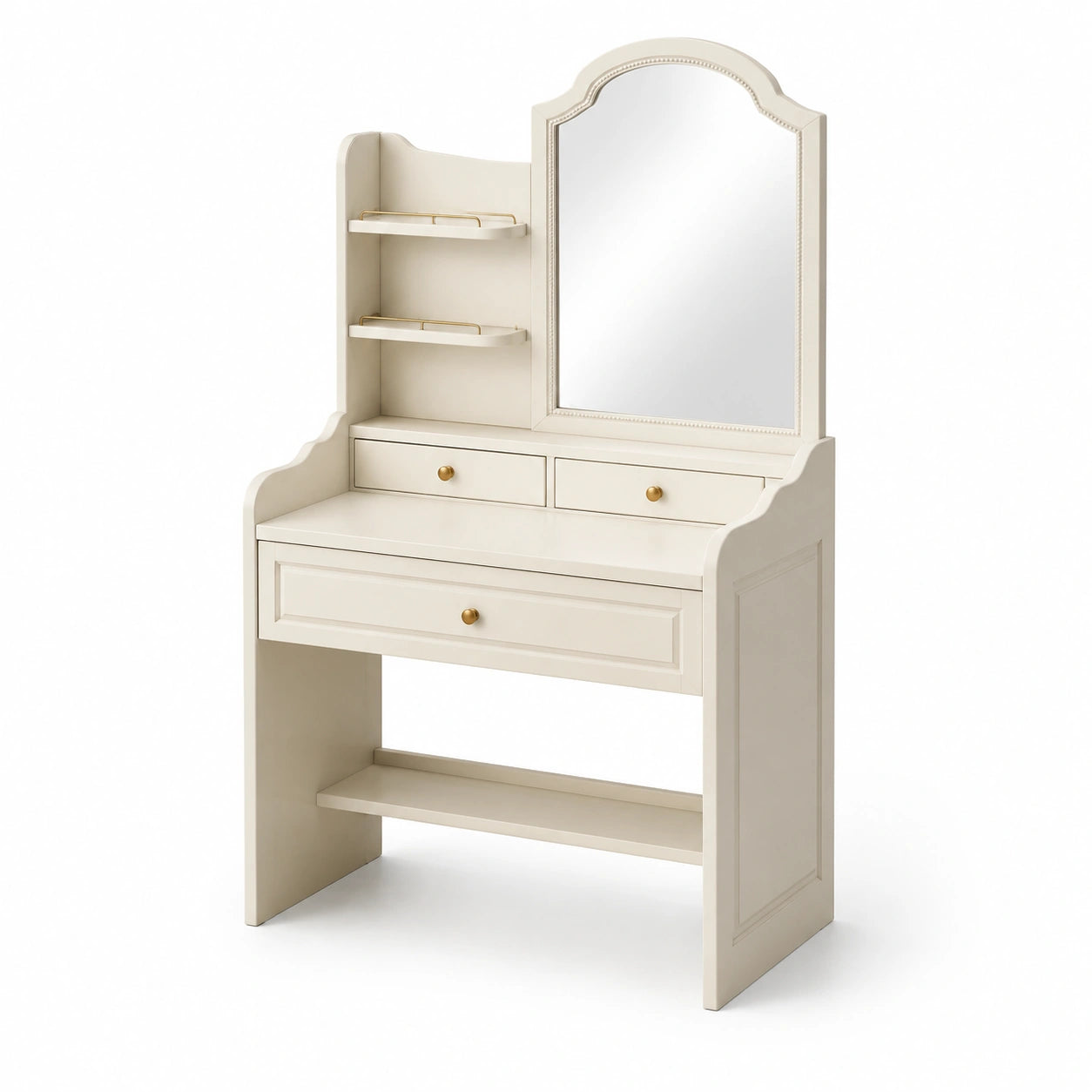 Coiffeuse en bois avec miroir et étagères, beige