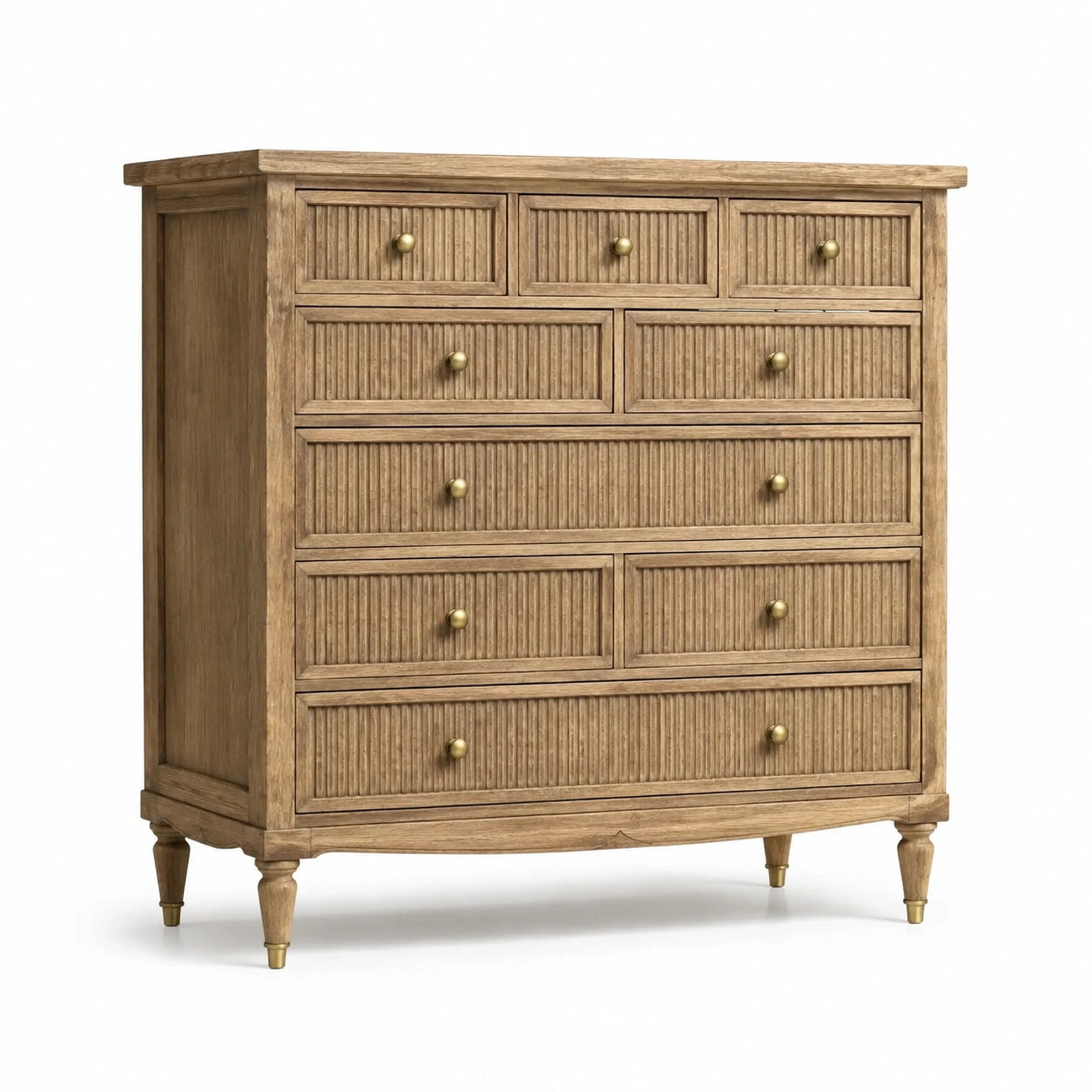 Commode en bois de chêne massif, poignées dorées, 9 tiroirs