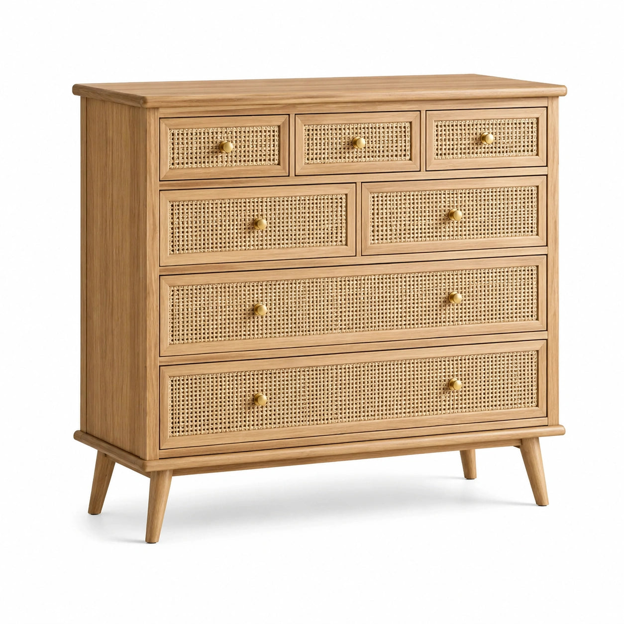 Commode en chêne clair et rotin 7 tiroirs