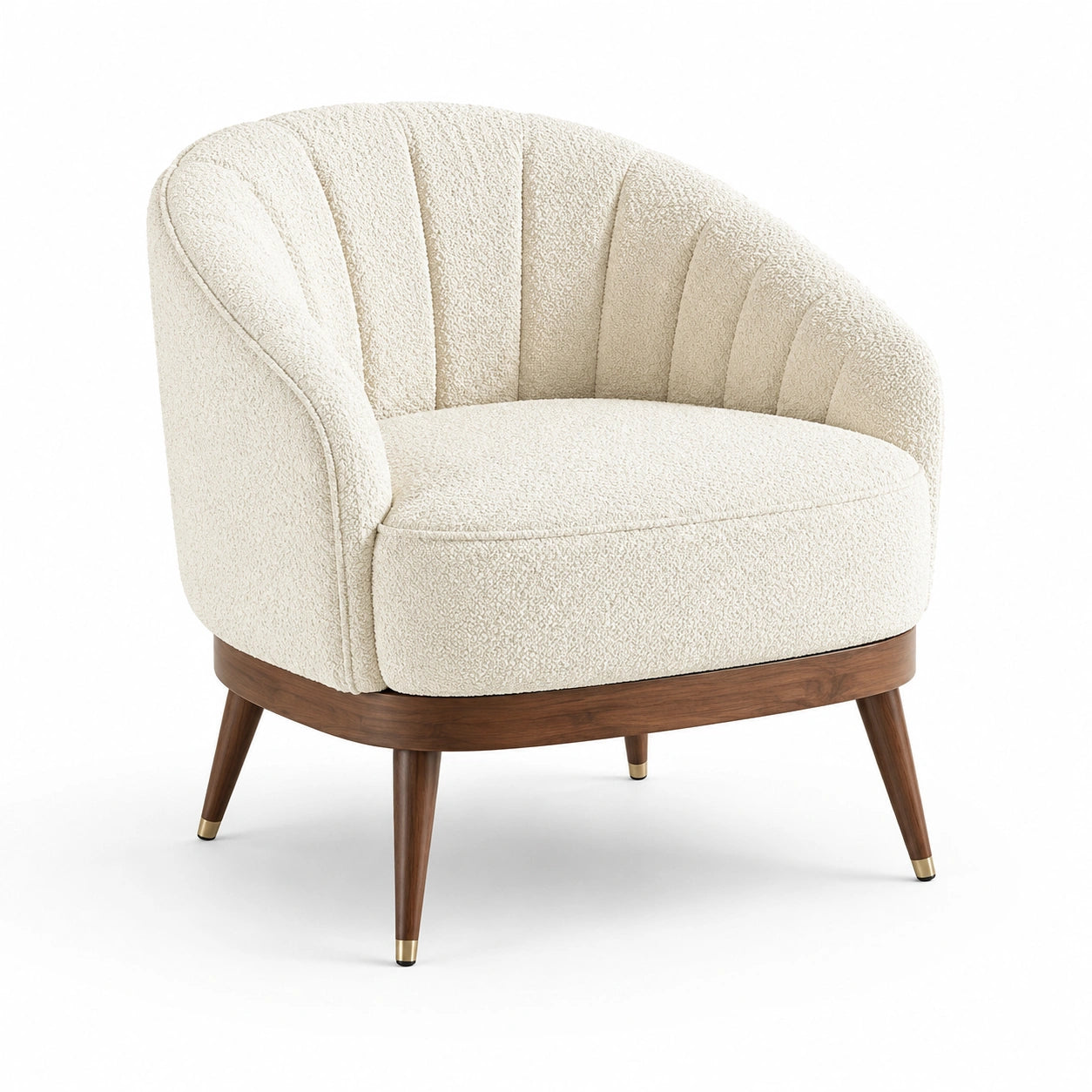Fauteuil arrondi en tissu bouclé crème avec pieds en noyer
