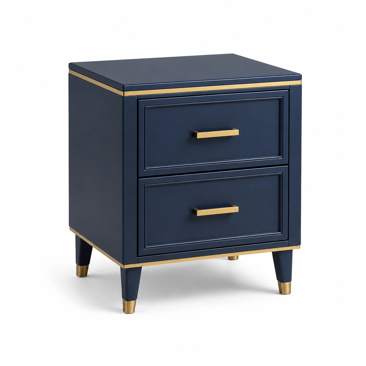 Table de chevet en bois et métal bleu foncé avec deux tiroirs